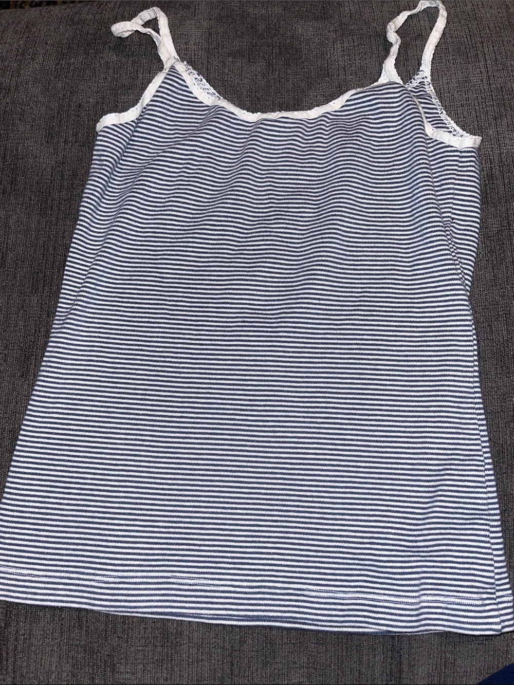 Brandy Melville Navy and White Striped Lace-Trim Tank Top